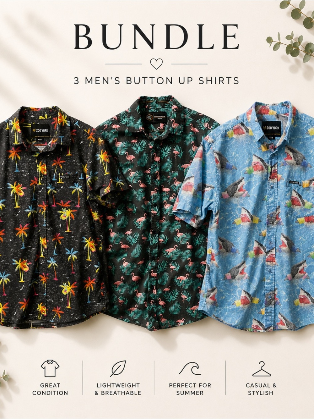 Zoo York Men’s Tropical Button-Up Shirt Bundle — Black, Green, Blue